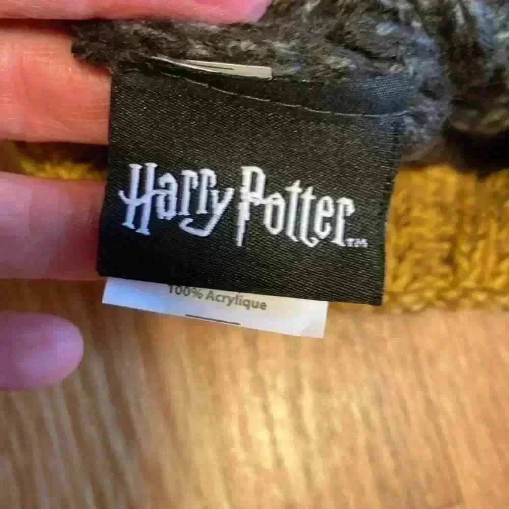 Harry Potter Hufflepuff Knit Beanie With PomPom in Size Youth.  Gray and Yellow.